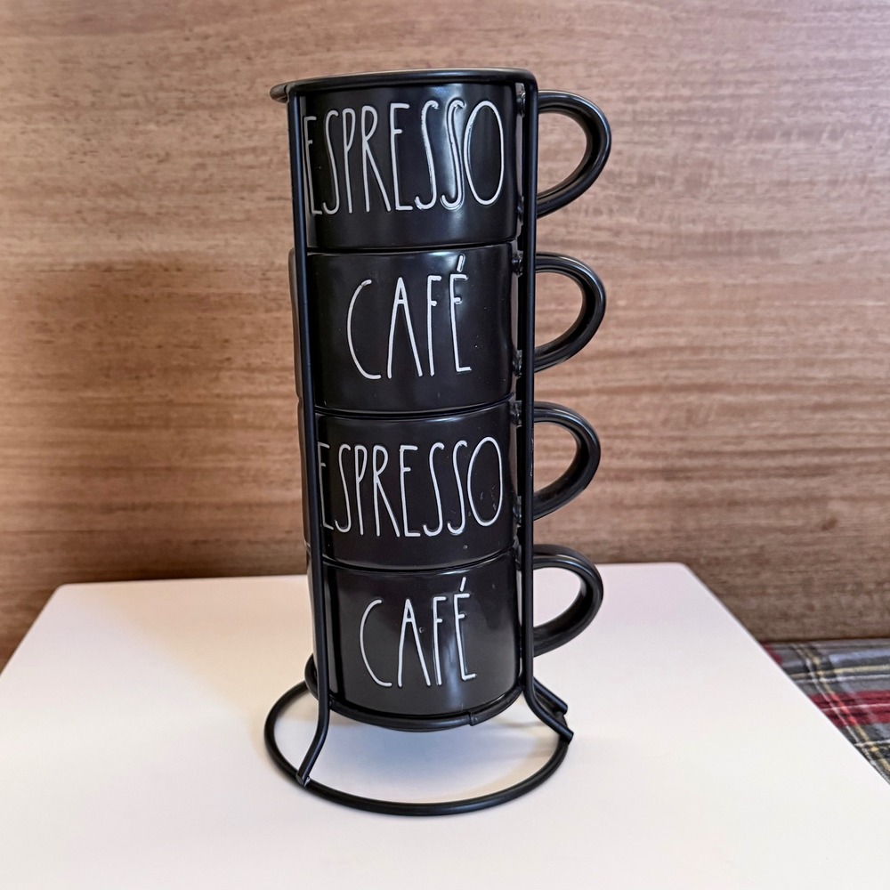 Rae Dunn Espresso Cup Set with Metal Rack Black Cafe Stacking Mugs 4pc Excellent